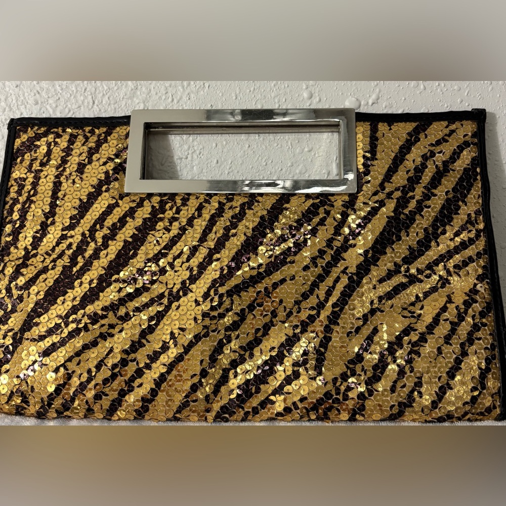 Sequin Tiger Stripe Clutch Bag - Gold and Black